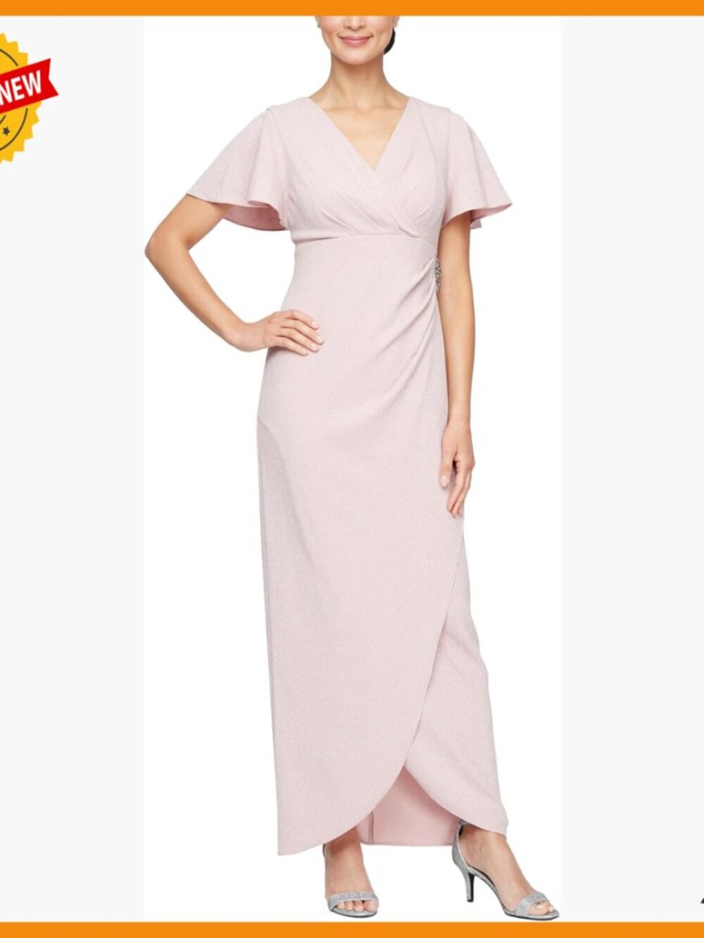 Long Empire Waist Formal Dress with Side Ruffle Surplice Neck